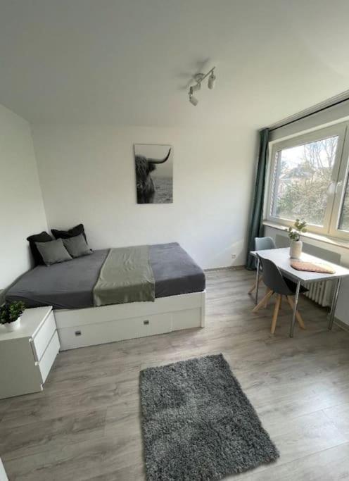 门兴格拉德巴赫1-Raum-Apartment Nähe Hochschule Niederrhein的一间卧室配有一张床、一张书桌和一个窗户。