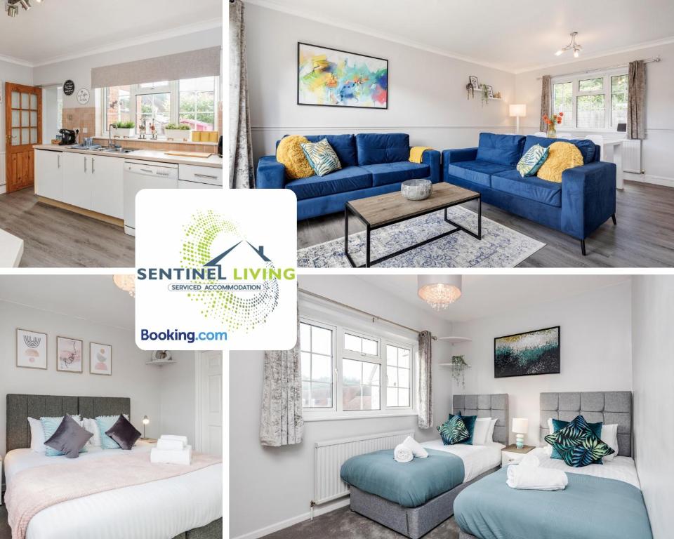 阿斯科特Ascot, Pet Friendly, Detached 4 Bedroom House By Sentinel Living Short Lets & Serviced Accommodation Windsor Ascot Maidenhead With Free Parking的客厅和带蓝色沙发的厨房