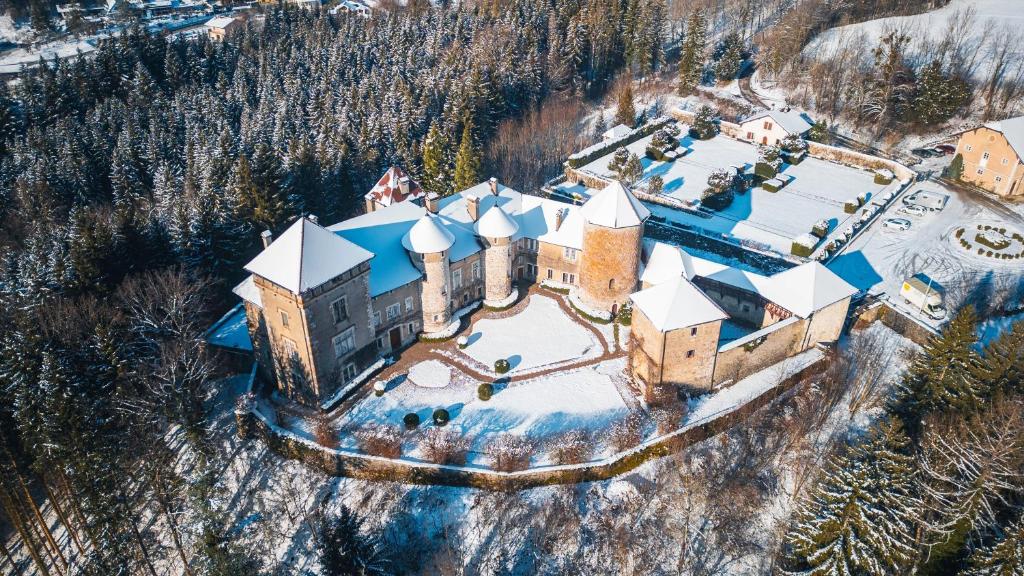托朗格利耶尔托朗格城堡酒店的雪中城堡的空中景观