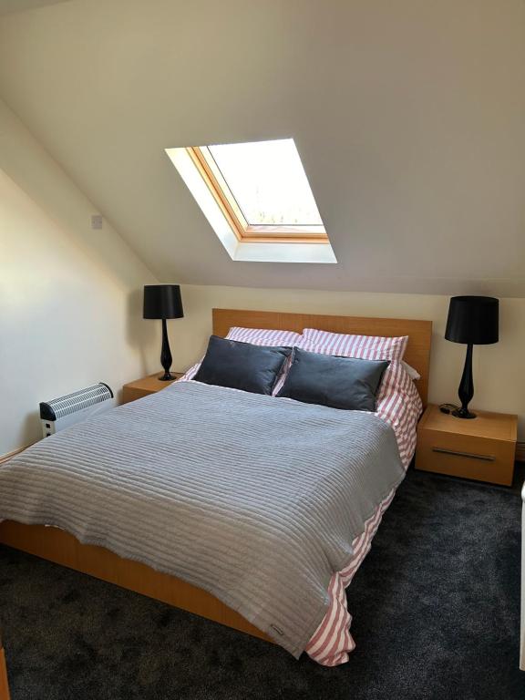 基尔代尔The Loft @ Kildare Village的一间卧室配有一张带天窗的大床