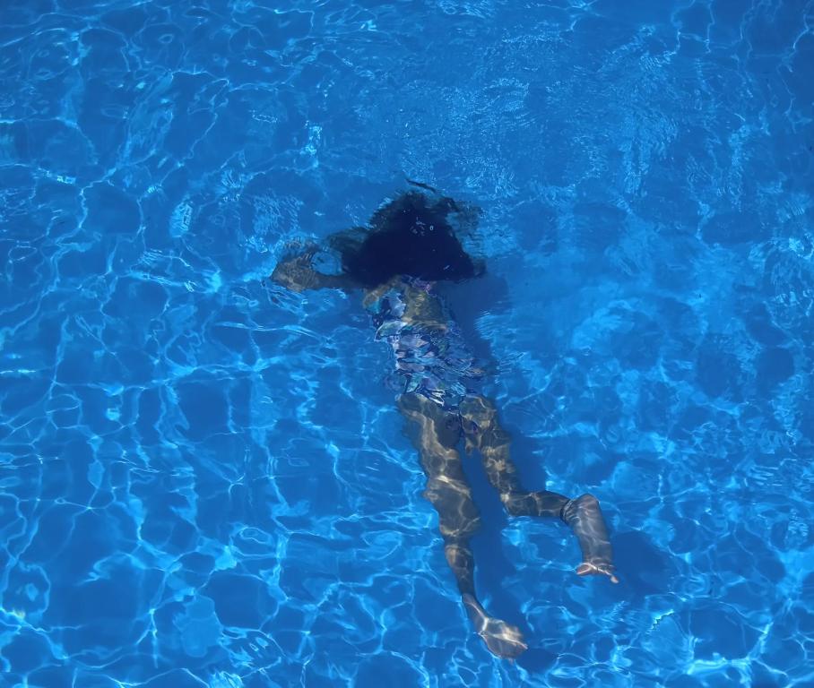 洛博斯Casa Los Trinos的在蓝色的海水中游泳的人