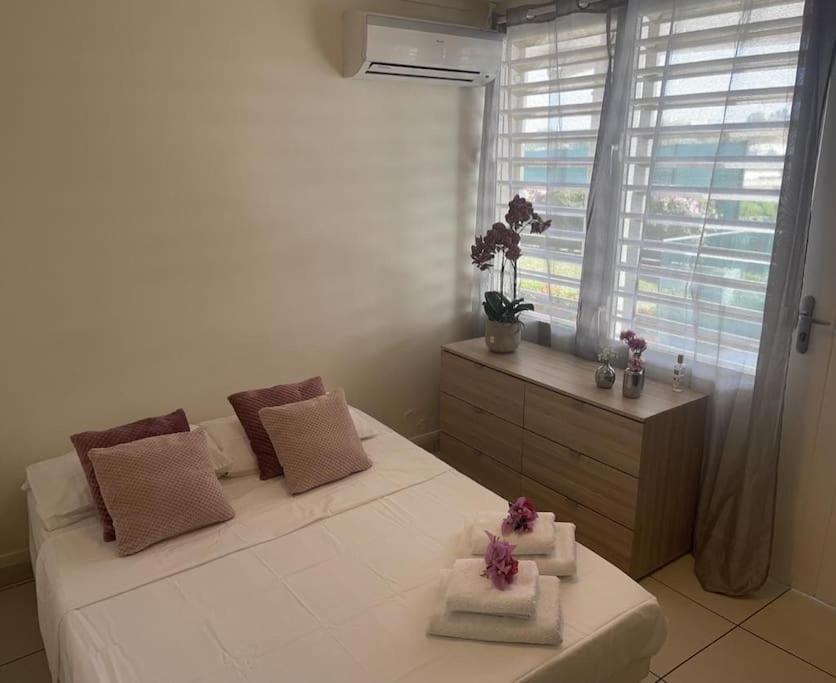 萨莱比梅Joli appartement cosy avec piscine的一间卧室配有两张床、毛巾和窗户