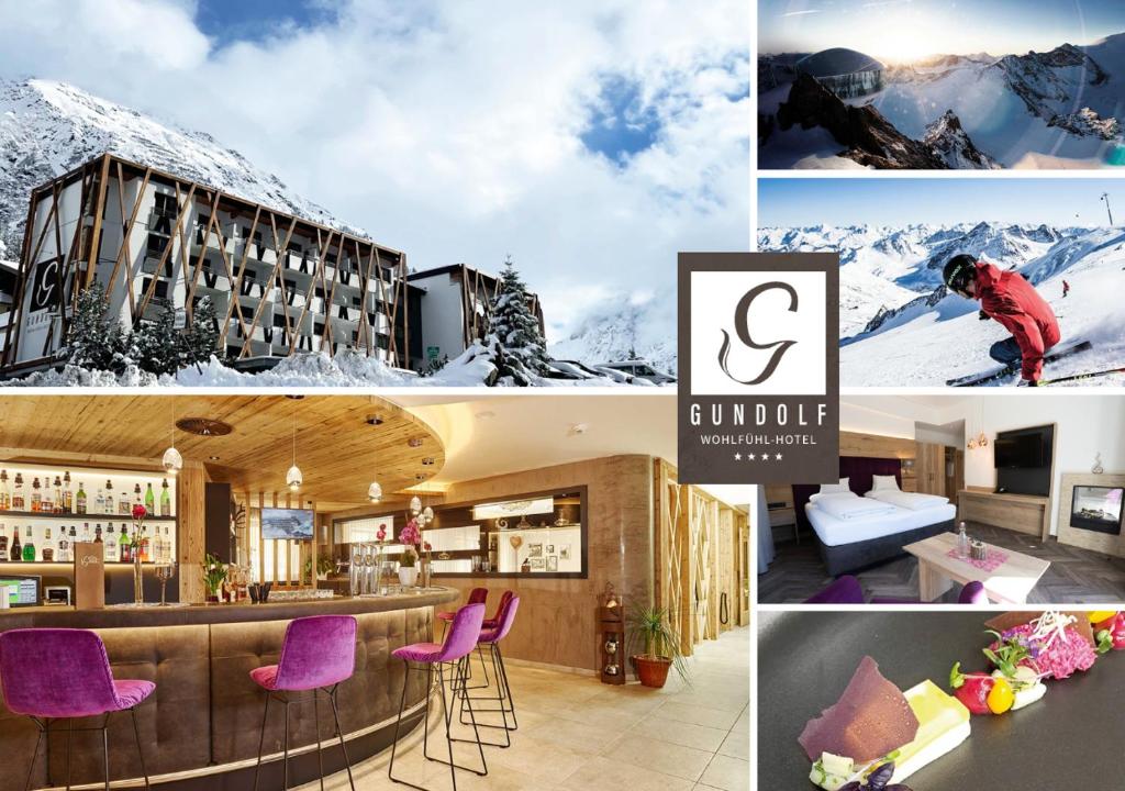 皮茨河谷圣莱昂哈德甘多夫酒店的雪覆盖的山地酒店照片的拼贴