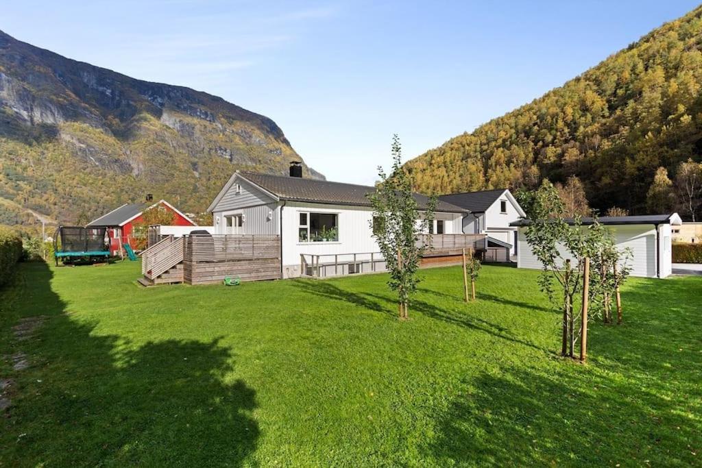 艾于兰Fint hus i Flåm的山前有树木的院子的房子