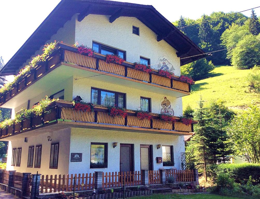 Schwarzenbach an der Pielach瓦德布里克住宿加早餐旅馆的一座房子,阳台上种着鲜花