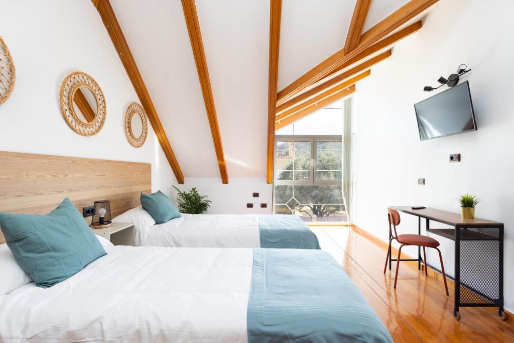 拉拉古纳Casa Lali Habitación 3的配有两张床铺、一张桌子和一台电视机的客房