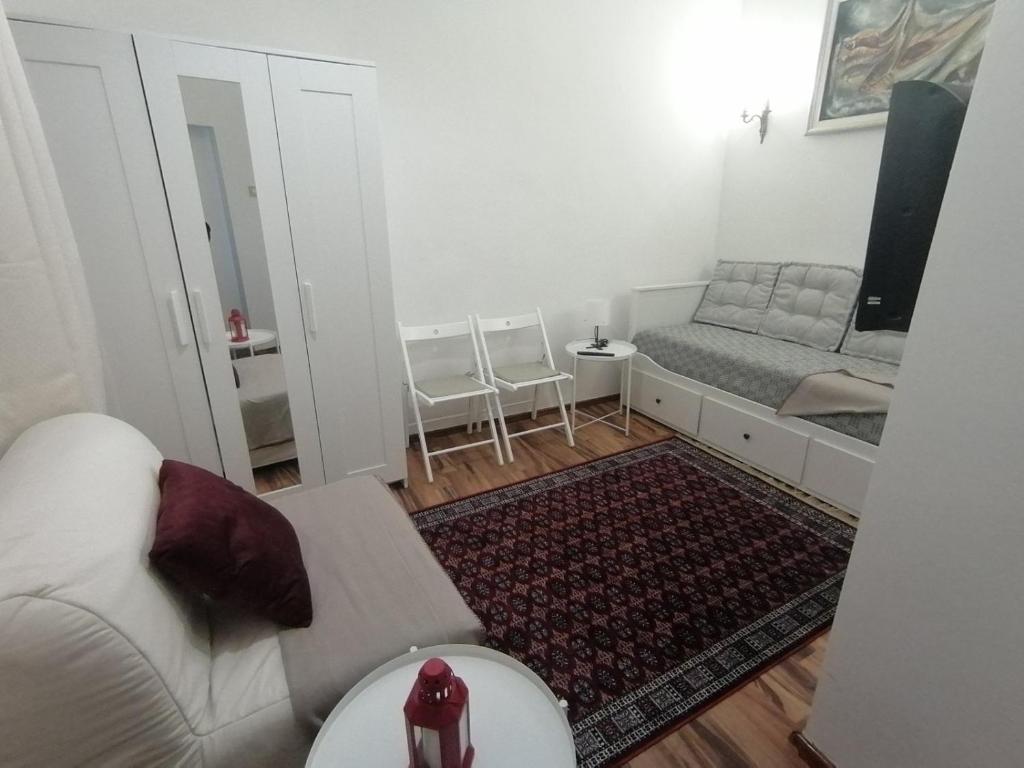 贝尔格莱德Tsar Dušan Apartment的客厅配有沙发和1张床