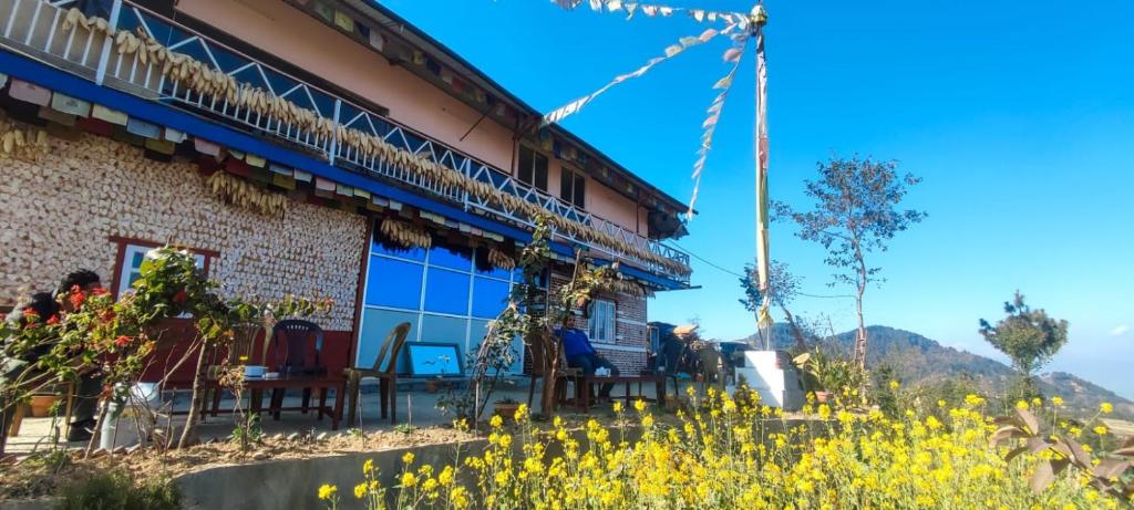PanaotiDadaghare Homestay & View Point Restaurant的一座建筑前面有椅子和鲜花