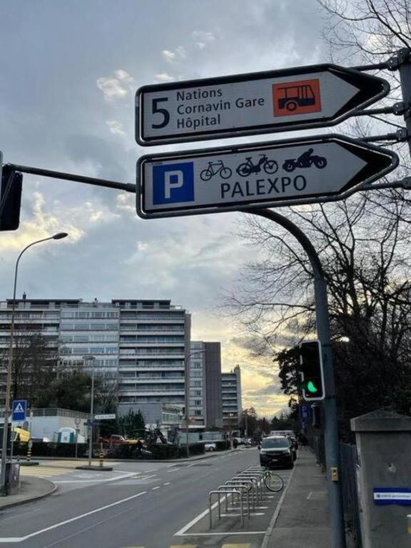 日内瓦ONU - PALEXPO-AEROPORT Genève的城市街道上一根杆上的街道标志