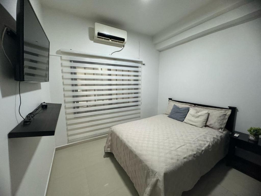 莱蒂西亚Casa En Leticia的一间小卧室,配有一张床和电视