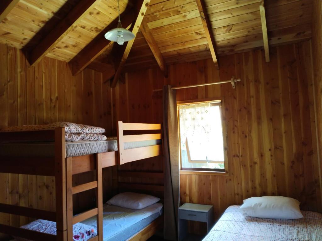 卡布尔瓜Cabañas sueños del sur的小屋内设有一间带两张双层床的卧室