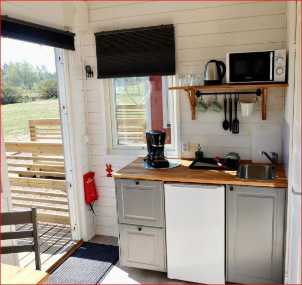 奥胡斯Lunagården的一间带柜台和微波炉的小厨房