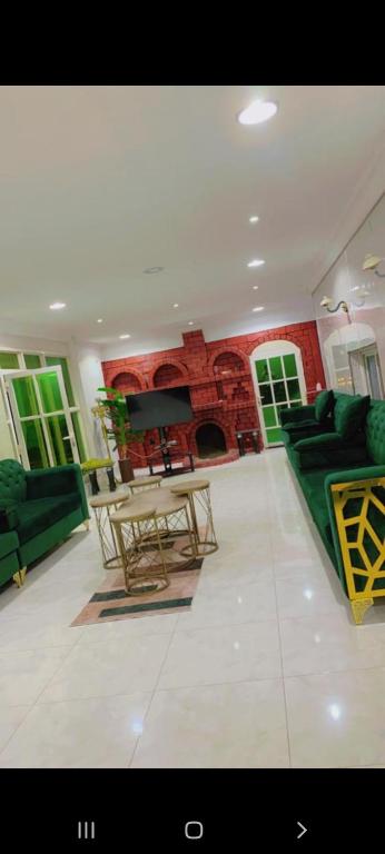 乌姆莱季شالية مون لايت的客厅配有绿色家具和壁炉
