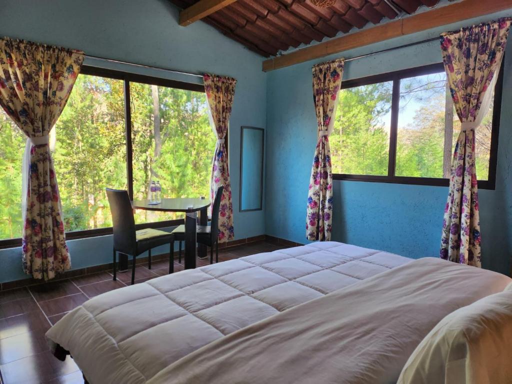 卡尔波镇Rancho San Miguel的一间卧室设有一张大床和两个窗户。