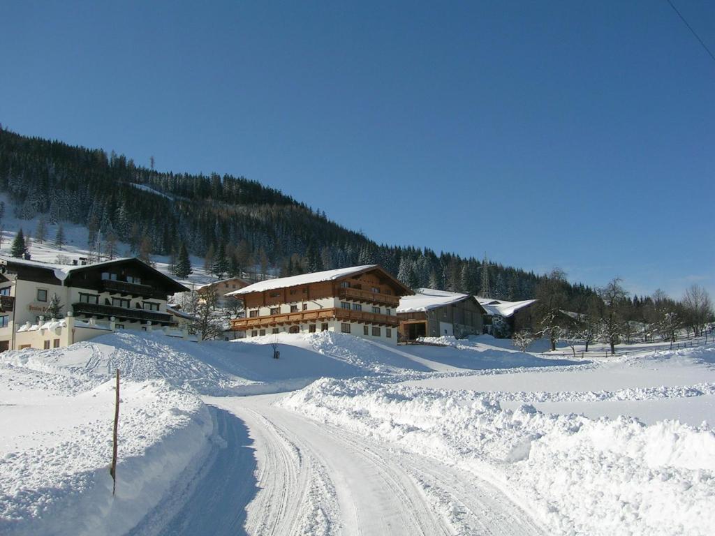 塔克森巴赫Sauschneid Hof的滑雪小屋前的一条雪覆盖的道路