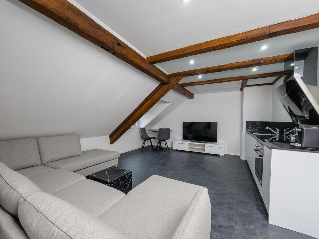 格拉鲁斯Kirchweg 22 8750 Glarus的带沙发的客厅和厨房