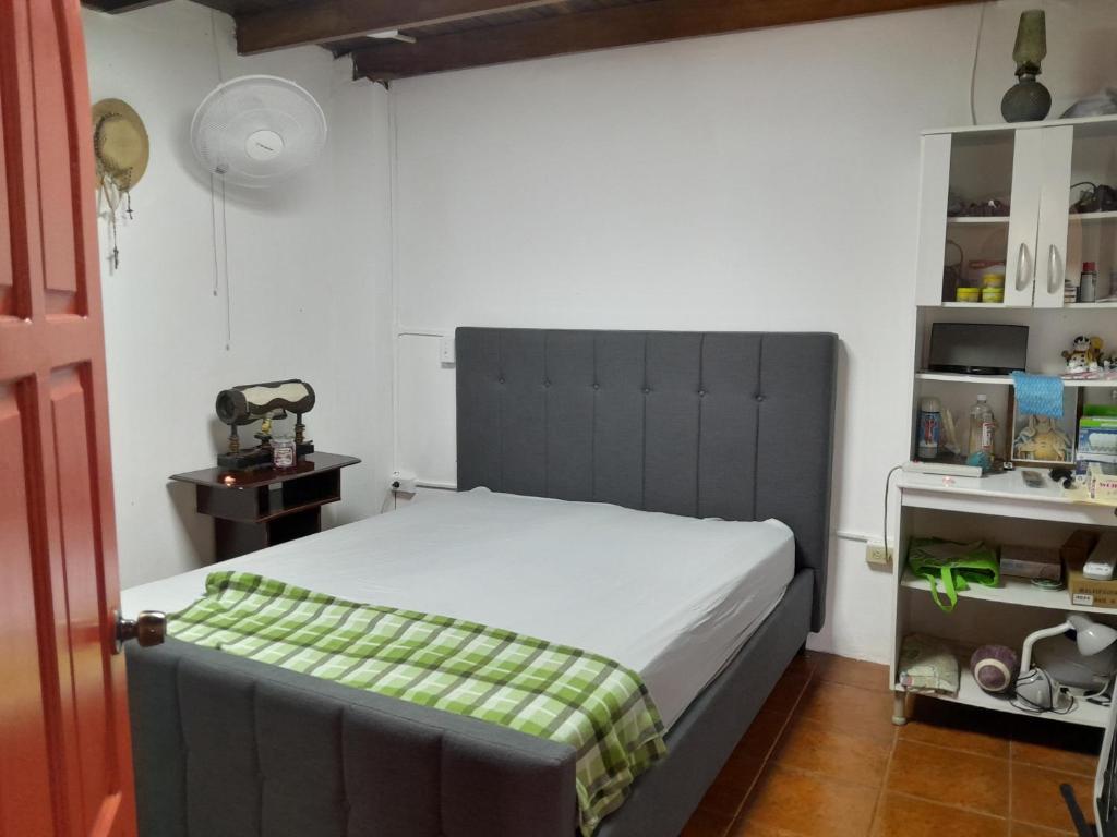Los Altos de Cerro AzulCabañita Doña Tina的一间卧室配有一张带绿毯的床