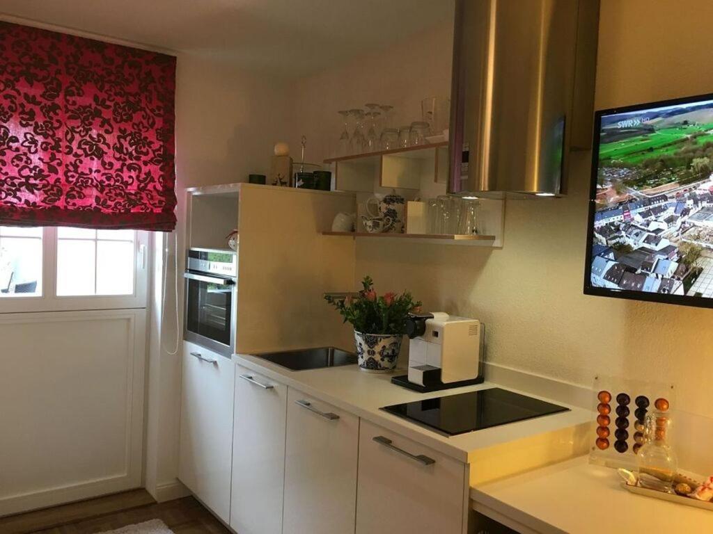赫兴施万德Apartment Mini Suite的一间厨房,配有白色橱柜和墙上的电视