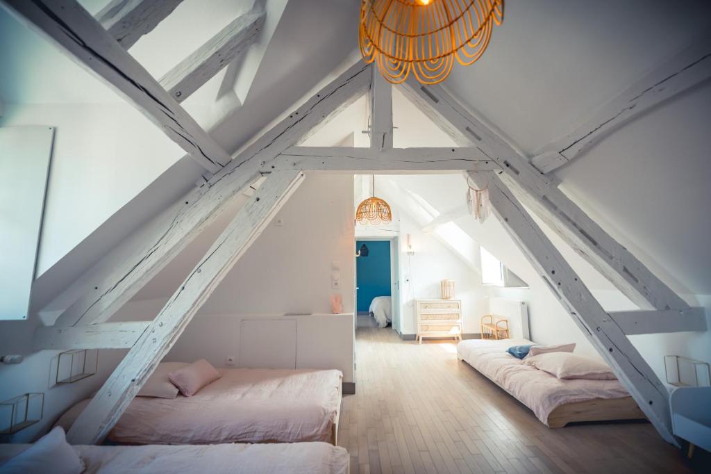 特鲁瓦Le 12, Brissonnet - Troyes的一间卧室配有两张床和吊灯。