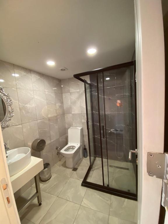 伊斯坦布尔YALI HOUSE的带淋浴、卫生间和盥洗盆的浴室