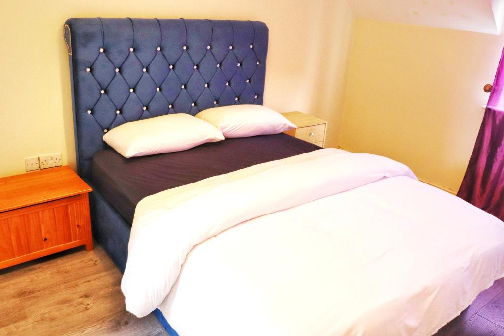 科克Deluxe Dwelling - 15 mins from Cork City/Airport的卧室里一张带蓝色床头板的床