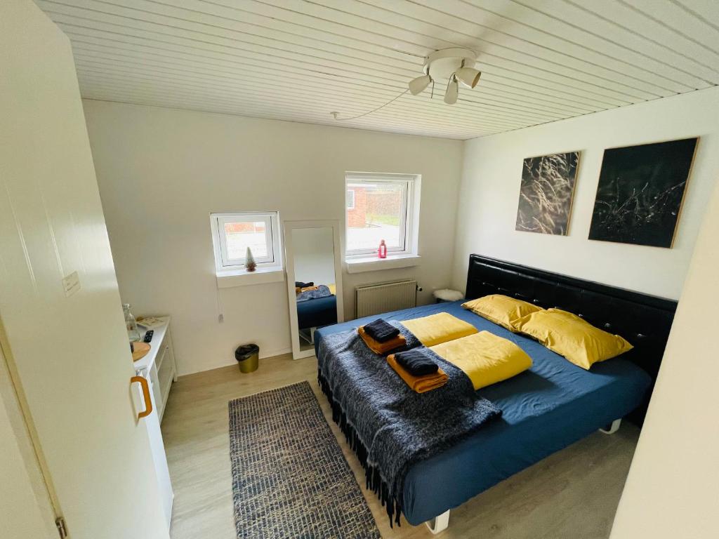 比伦德1 private room in Billund的一间卧室配有一张带黄色枕头的大型蓝色床