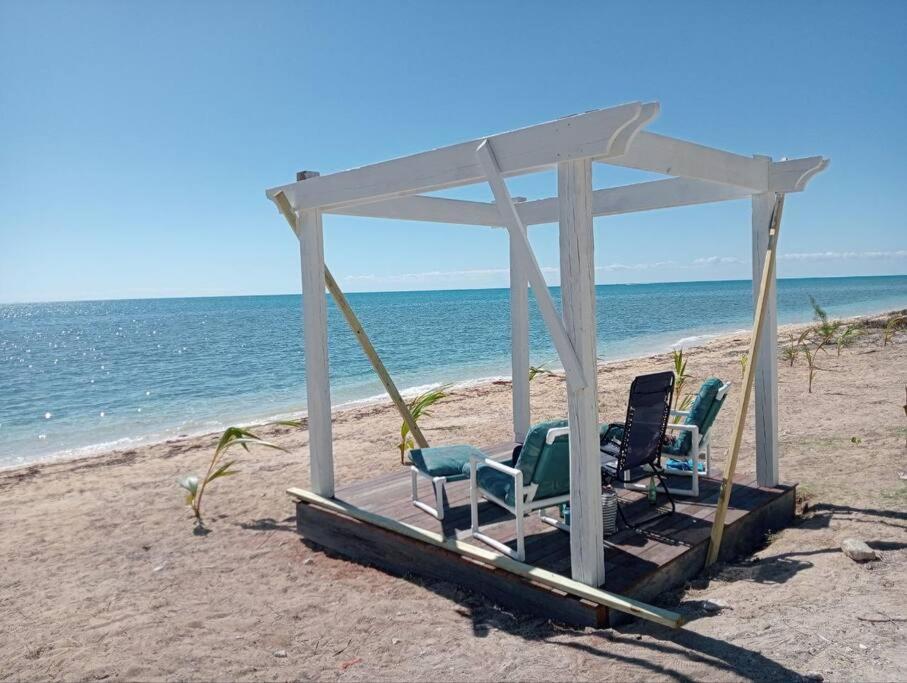 拿骚Coral Harbour Beach Apartment的海滩上的凉亭配有两把椅子