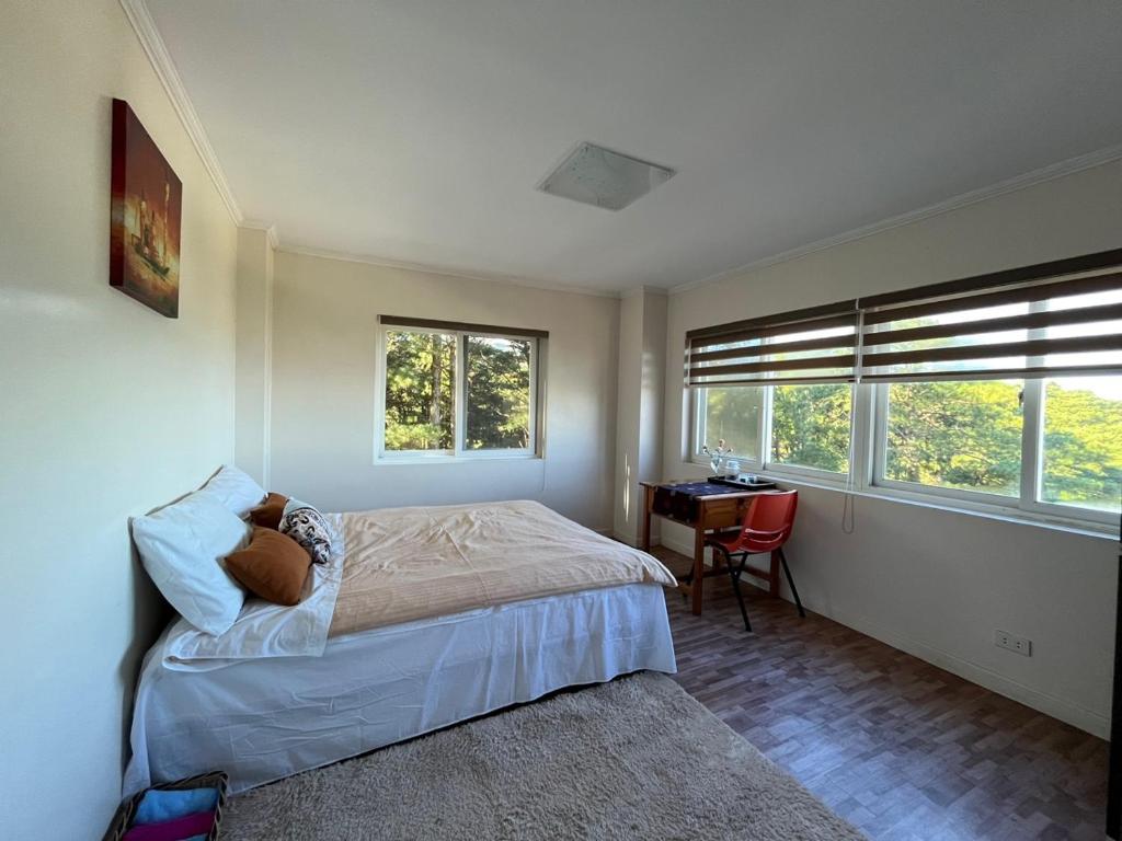 碧瑶Baguio BELL Staycation的一间卧室配有一张床、一张书桌和两个窗户。