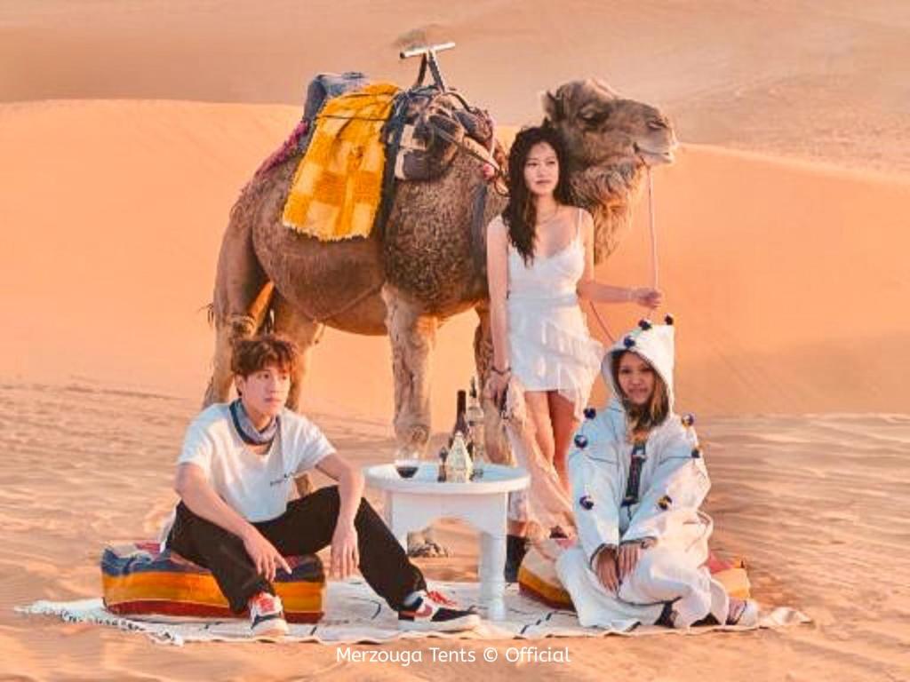 梅尔祖卡Merzouga Tents © Official的一群人带着骆驼在沙漠里