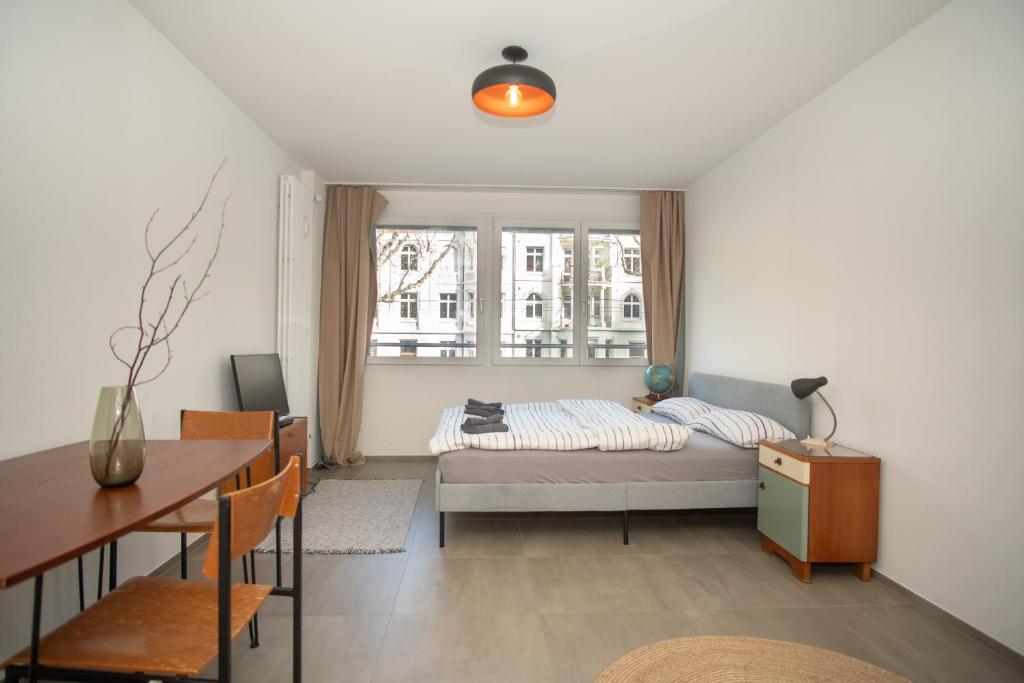 巴塞尔Modern apartment in Basel with free BaselCard的一间卧室配有一张床、一张桌子和一张书桌