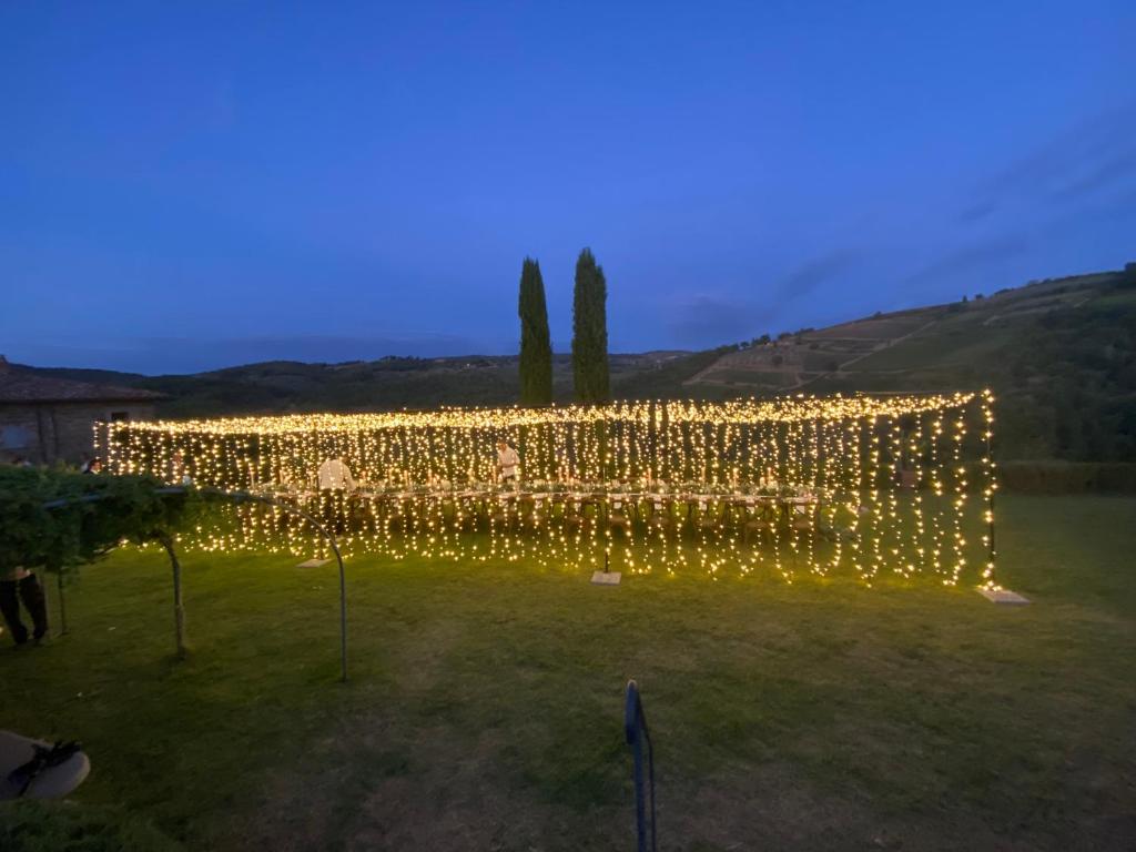 基安蒂格雷夫Villa Rignana - Chianti Weddings的夜晚院子里的一串灯