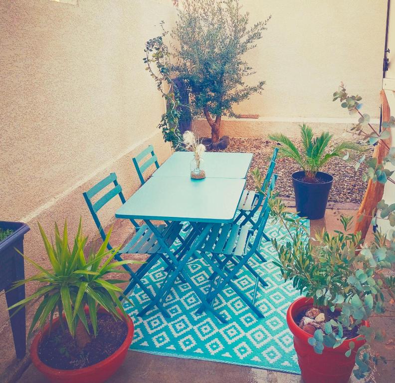 纳博讷Narbonne Studio Lamarobile avec jardin et terrasse proche des Grands Buffets, du centre ville et de la gare的植物庭院里的蓝色桌子和椅子