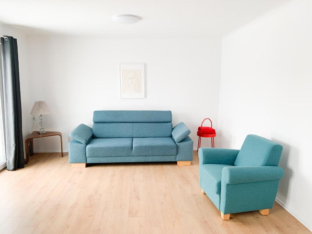 维尔茨堡Spacious house for large groups and families的客厅配有蓝色的沙发和椅子