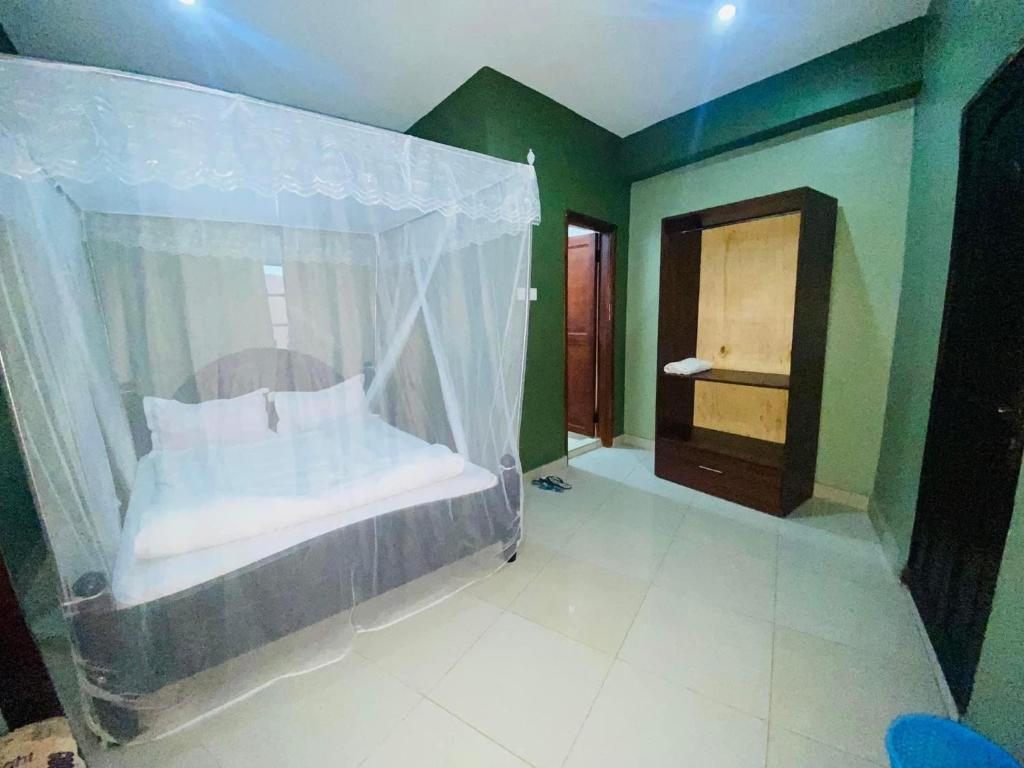 坎帕拉Suzie hotel 15 rubaga road , old Kampala的一间卧室配有一张带蚊帐的床