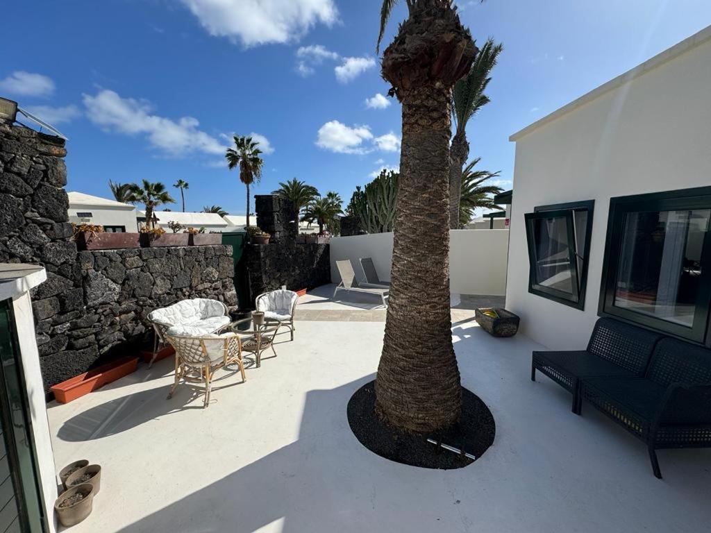 科斯塔特吉塞Luxury Bungalow Playa Roca的棕榈树坐在建筑旁边的庭院里