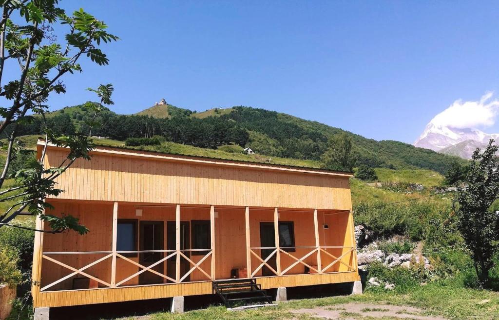 卡兹贝吉Family Hostel Nika的山丘上以山为背景的房子