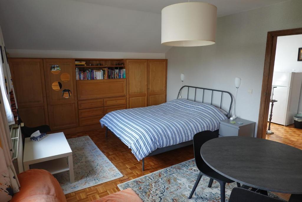 马塞克Logeren in Aldeneik的一间小卧室,配有一张床和一张桌子