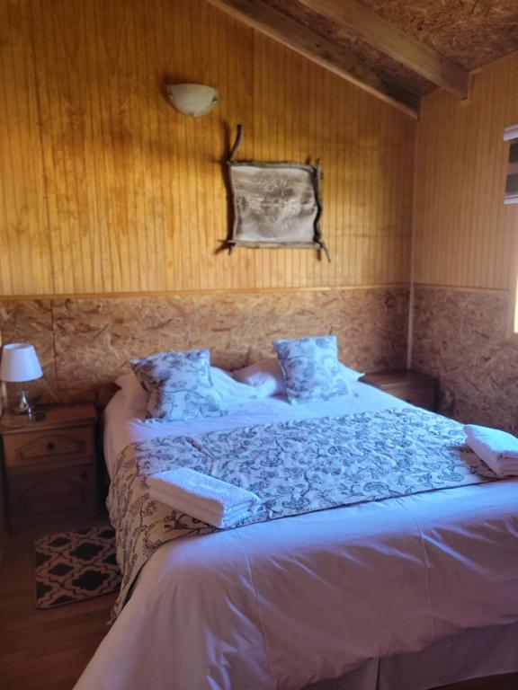 普尤瓦比港Cabañas Vientos del Sur en Puerto Puyuhuapi Aysen的一间卧室配有一张带蓝色床单的大床