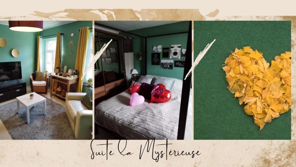 BerzéeMaison d hôtes Les Notes Endormies " Suite La Mystérieuse"的带有心形墙的卧室照片拼贴