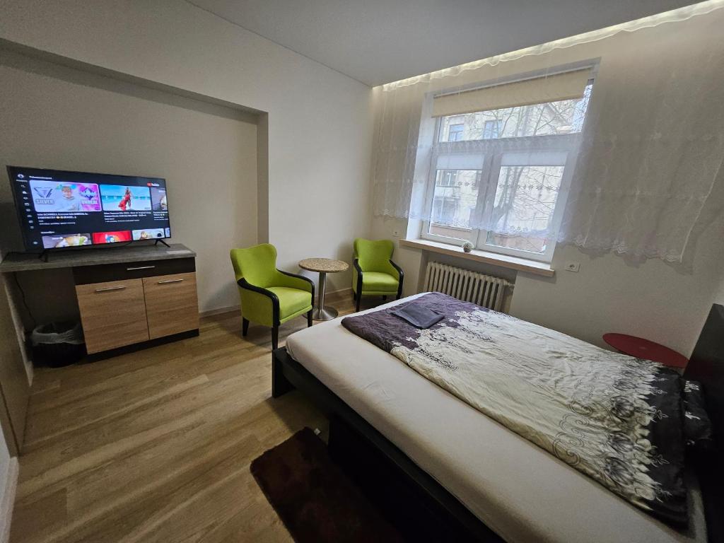 考纳斯Lux kambarys centre su karališka lova #3的一间卧室配有一张床和一台平面电视