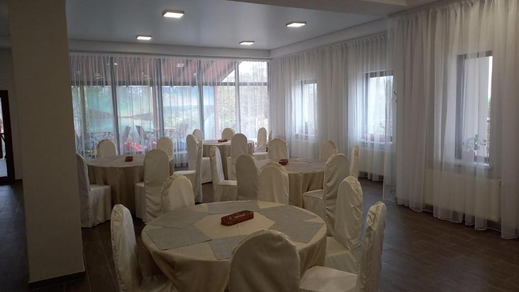 RezinaPensiunea turistică MUZE的配有白色桌椅和窗户的客房