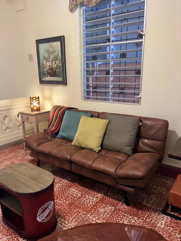 马亚圭斯Spa Apartment的客厅设有棕色的沙发和窗户。