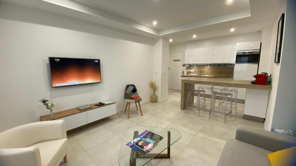 戛纳Superbe Appartement Hypercentre climatisé的客厅配有沙发和桌子