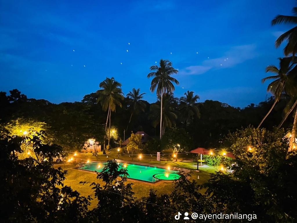 NattandiyaCrown Holiday Village near Marawila的享有游泳池的夜间景致