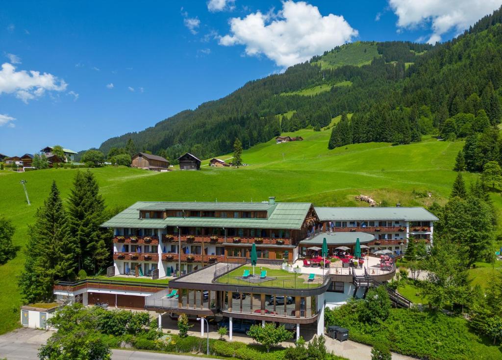 米特尔贝格IFA Alpenhof Wildental Hotel Kleinwalsertal Adults only的山脉酒店空中景色