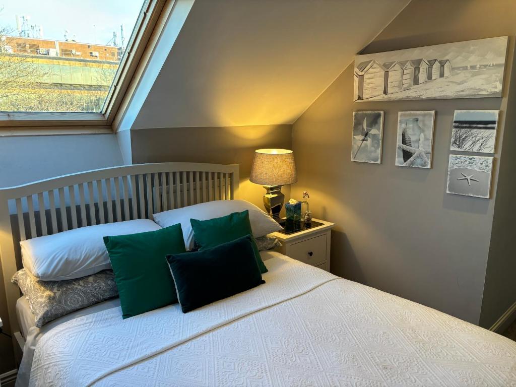 都柏林黑石住宿加早餐旅馆的一间卧室配有一张带绿色枕头的床和一扇窗户