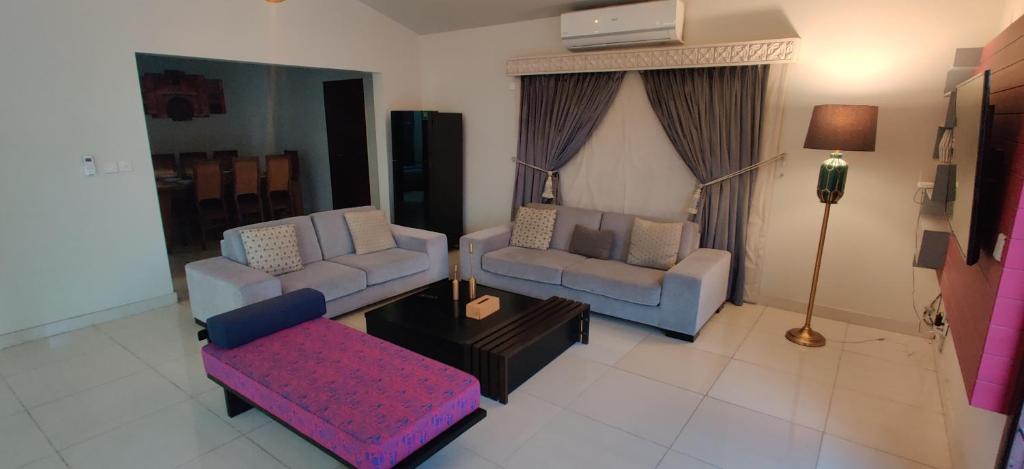 卡拉奇Supreme Villa Block 6 Gulshan-e-iqbal Auto Generator的客厅配有两张沙发和一张桌子