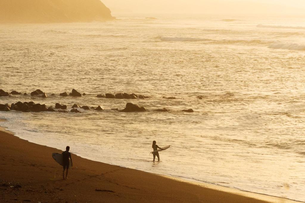 卡布勒通Aparra Surfcamp Capbreton的两人在海滩上用冲浪板散步