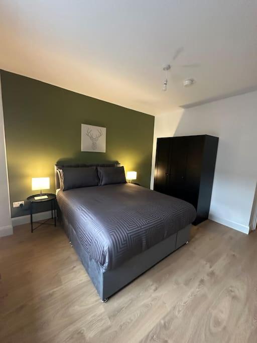 都柏林Central & Spacious Centre Apt的一间卧室配有一张带两盏灯和一堵绿色墙壁的床。