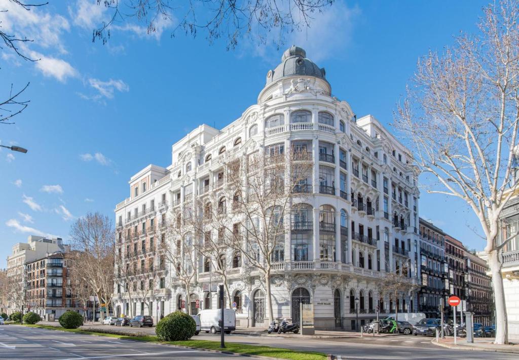 马德里珀蒂宫萨沃伊阿方索十二世高科技酒店的一条城市街道上的白色大建筑